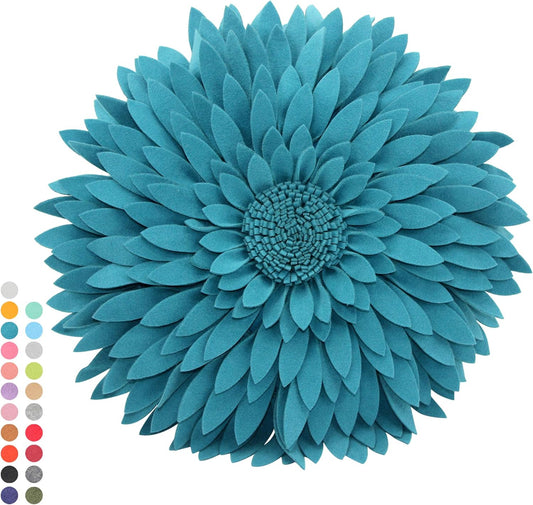 Contempo Lifestyles 3D Daisy Flower Decorative Pillow, Teal, 16" Soft Polyester Faux Wool & Cotton Canvas Throw Pillow