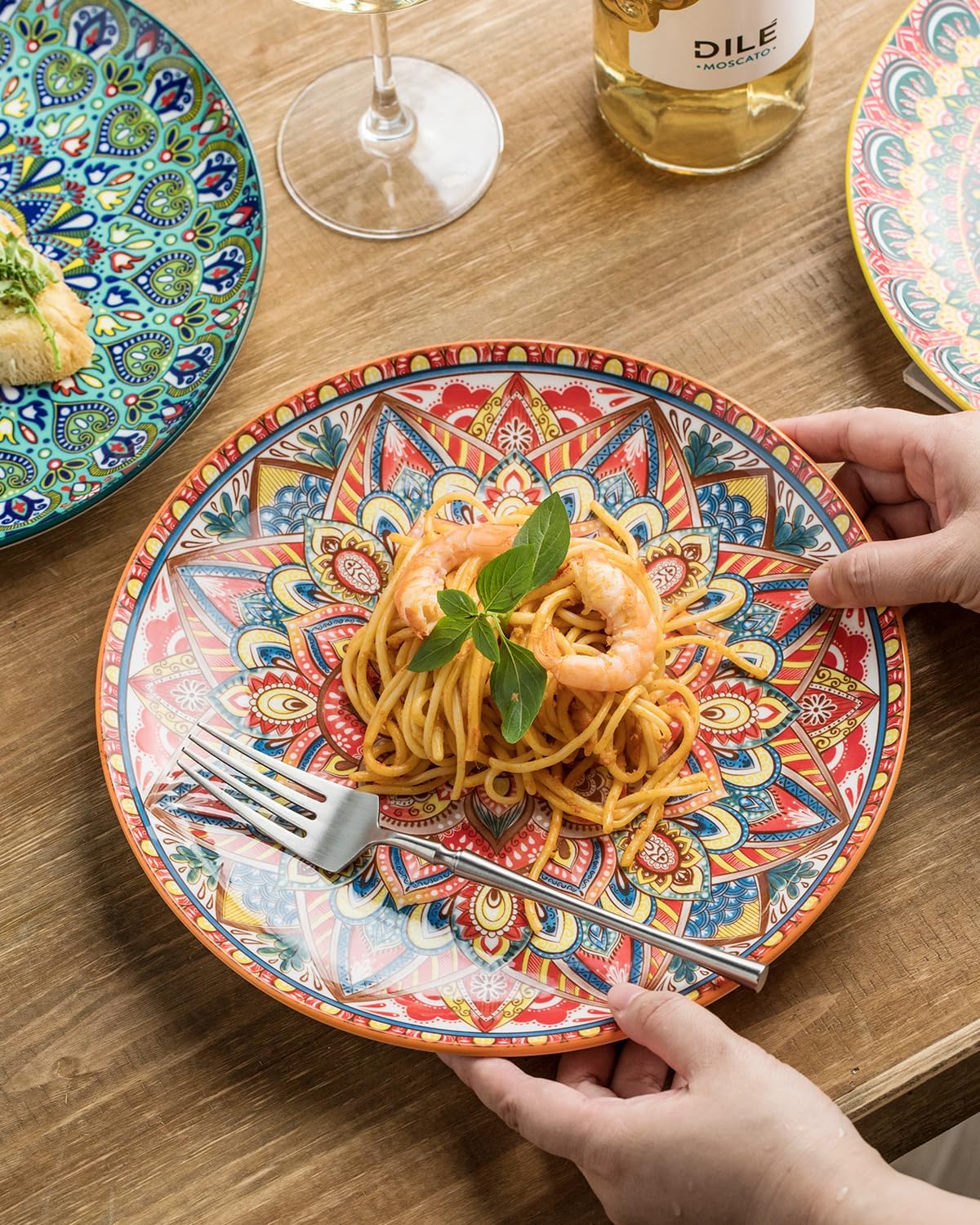 Dinner Plate Set of 6, 10.5-inch Large Plate for Dessert, Pasta, Salad, Ceramic Bohemian Dishes for Kitchen Microwave Dishwasher Safe