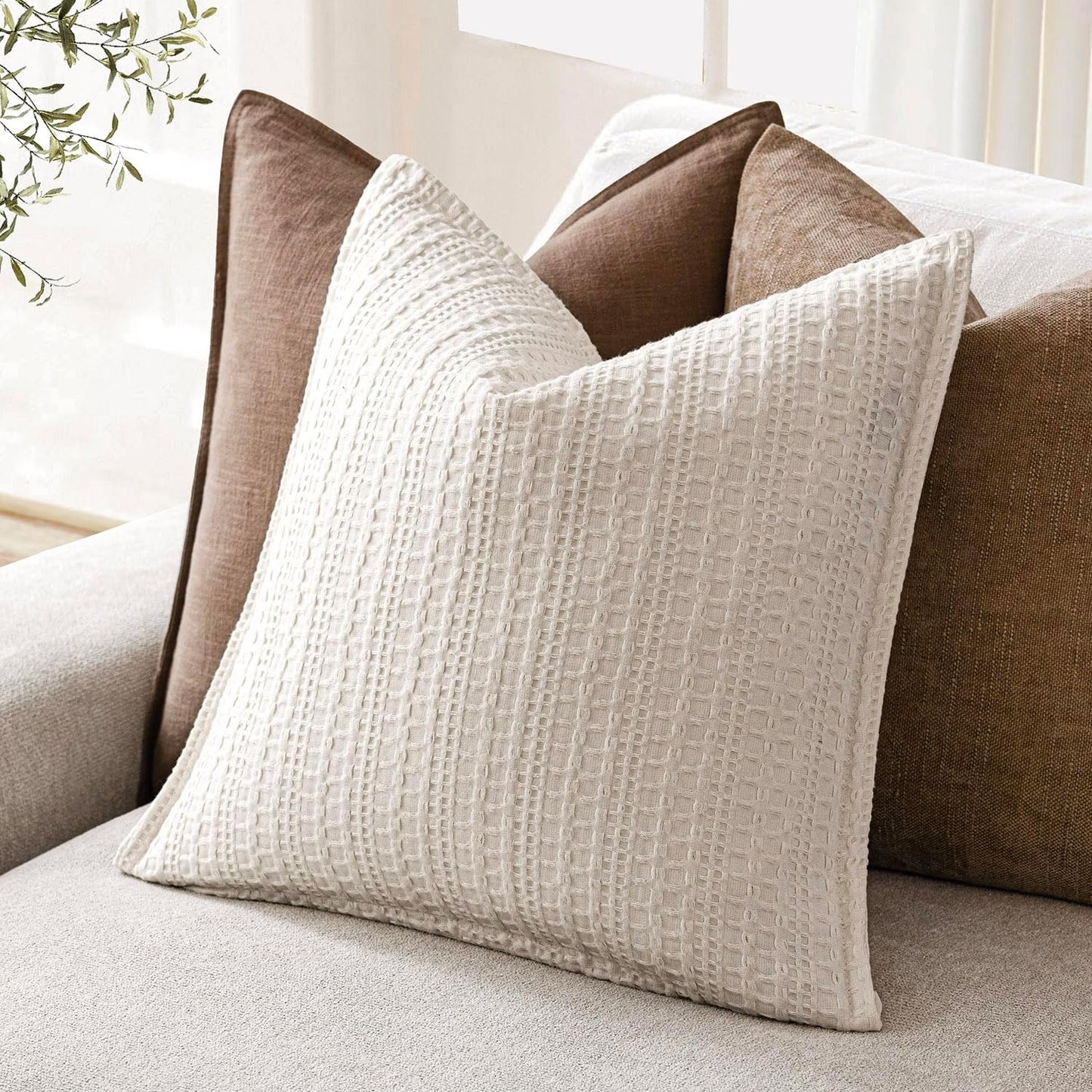 Foindtower Set of 2 Decorative Cotton Waffle Weave Throw Pillow Covers Euro Shams Cushion Covers Accent European Pillowcase for Bed Couch Sofa Bedroom Living Room Home Decor 22×22 Inch Natural Ivory