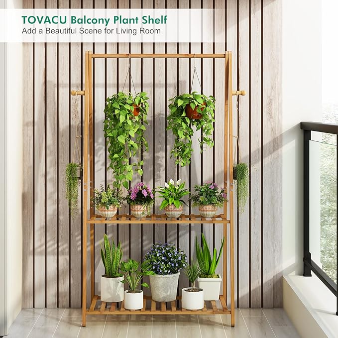 Hanging Plant Shelf Indoor Outdoor Plant Stands Wood Flower Stand 2 Tiered Bamboo Plant Shelves Holder Rack for Patio Balcony Garden (Tall,50 inch)