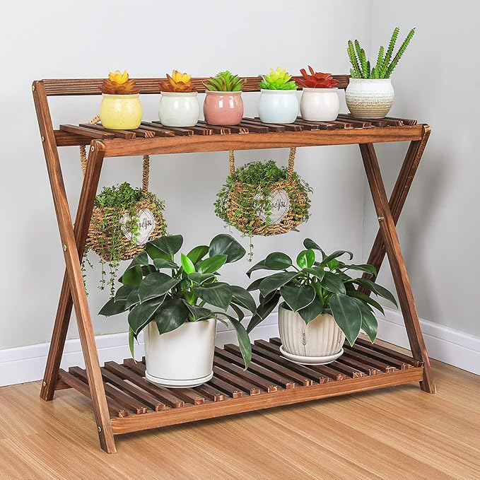 Indoor Plant Stand for Multiple Plants 2 Tier Wood Corner Plant Shelf Rack with Planter Hanger Outdoor Flower Pot Stand Holder for Yard Patio Garden Balcony Porch Living Room ( Rustic X-Cross)
