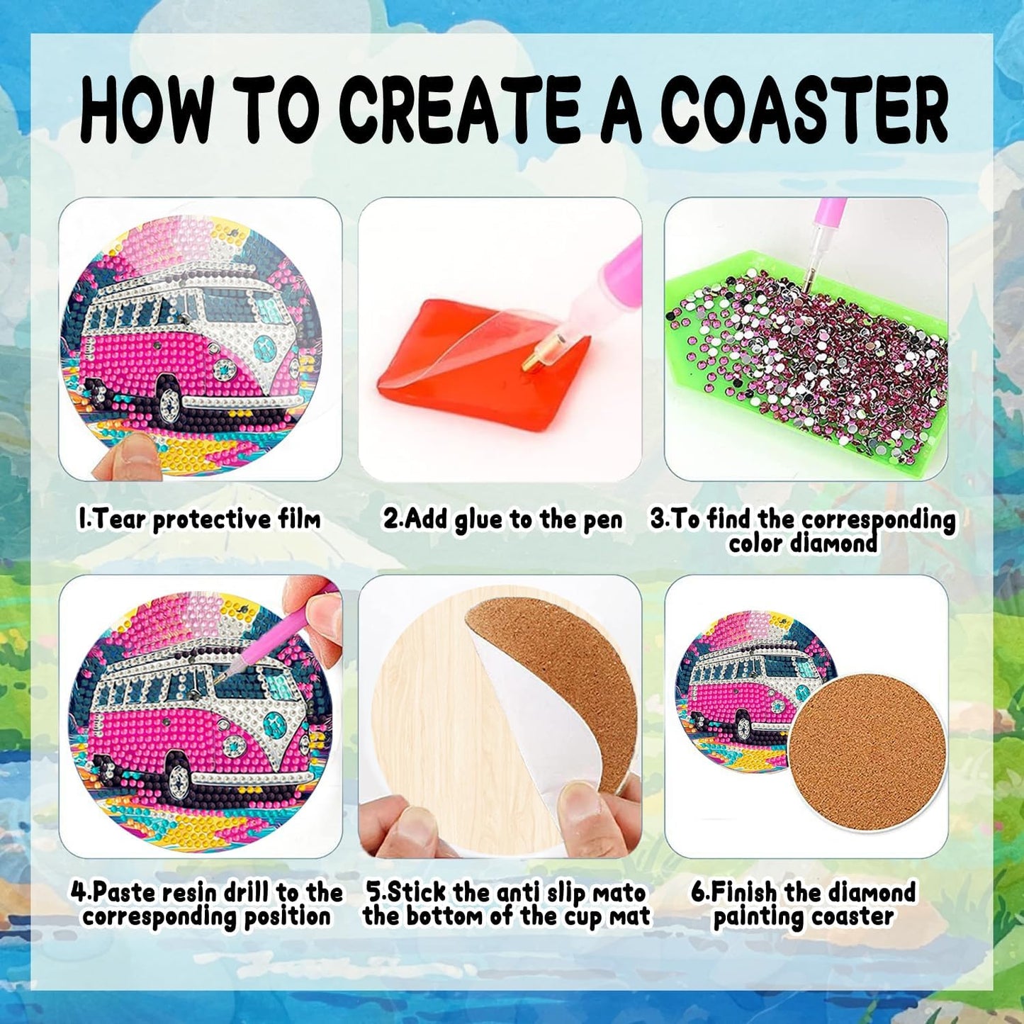 DOZEEZOP 8 PCS Landscape Diamond Art Coasters Kit, Bus 5D Diamond Painting Coasters with Holder, Fall Small Diamond Art Kits for Adults Beginners, Diamond Dots Arts and Crafts Supplies