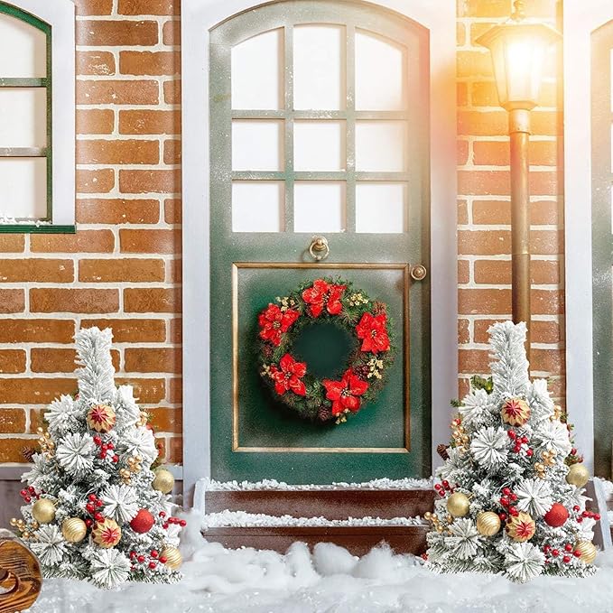 24'' Mini Artificial Christmas Tree with LED Lights and Faux Berrys, PreLit Snow Flocked Xmas White Trees, Christmas Porch Small Fake Trees for Outdoor, Home, Porch & Yard - Set of 2