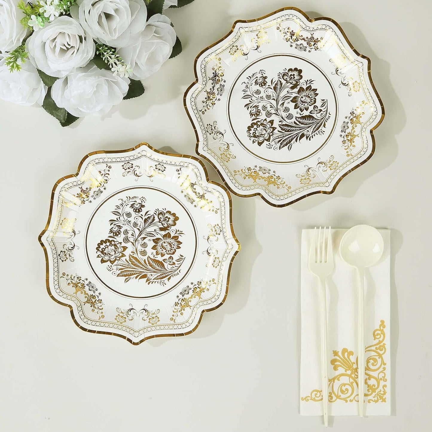 Efavormart 25 Pack White Gold Paper Dessert Plates in French Toile Floral Pattern, 8" Round Disposable Salad Appetizer Plates with Scalloped Rims - 300 GSM