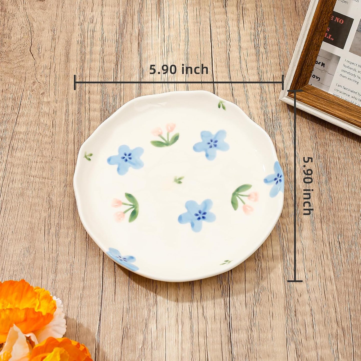 Koythin Ceramic Dessert Plates, Cute Fruits Dinner Plate, Creative Plates Design, Printed Flowers Dinnerware for Office and Home, Kitchen Plates for Desserts (Blue Flowers and Tulip)
