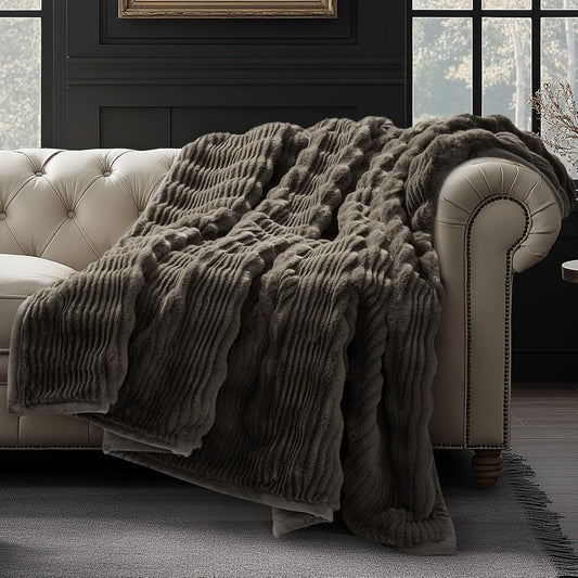 EVERGRACEHOME Ultra Soft Faux Fur Throw Blanket for Couch, Luxury Sculpted Texture Faux Rabbit Fur Blanket for Bed, Fluffy Thick Plush Warm Fuzzy Throw, 920GSM (Dark Taupe, 50''x60'')