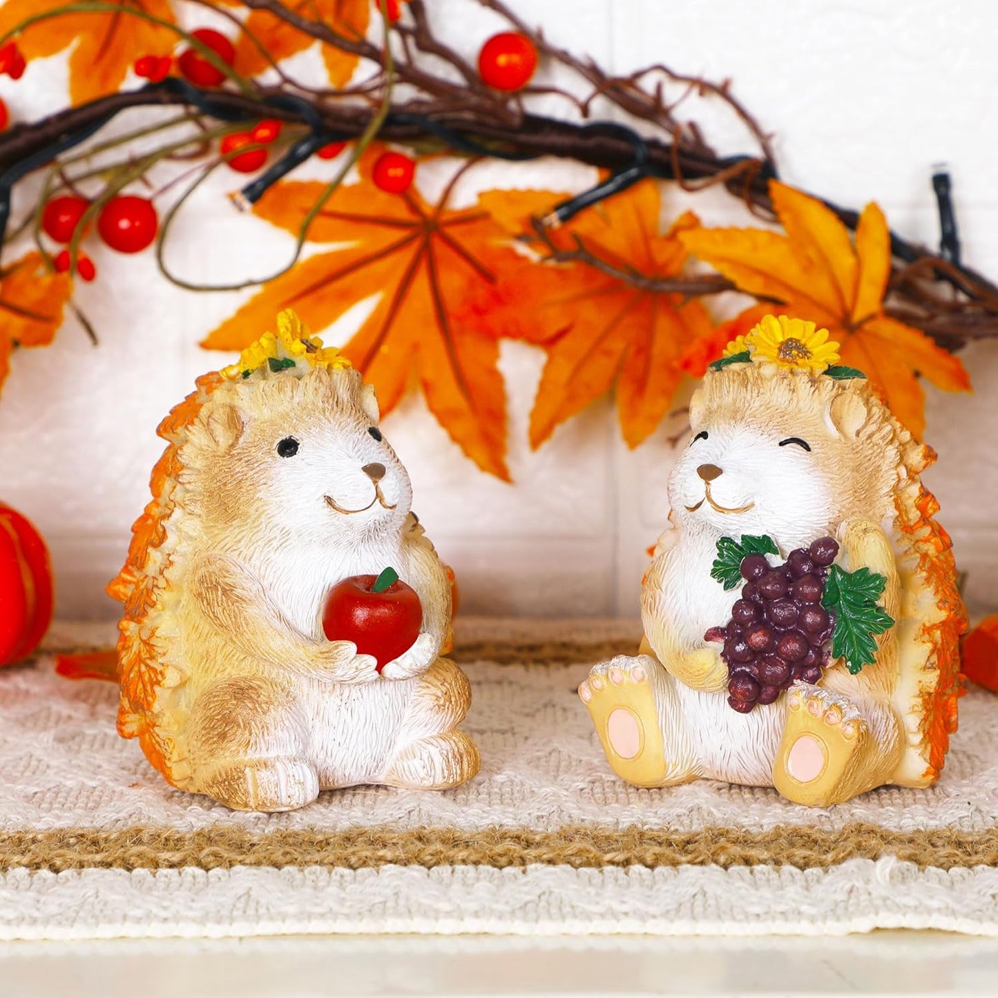 Lulu Home Fall Decorations for Home, 2 Packs Harvest Hedgehog Resin Sculpture with Maple Leaves & Fruits, Autumn Tabletop Ornaments Craft Decor for Thanksgiving and Fall Season