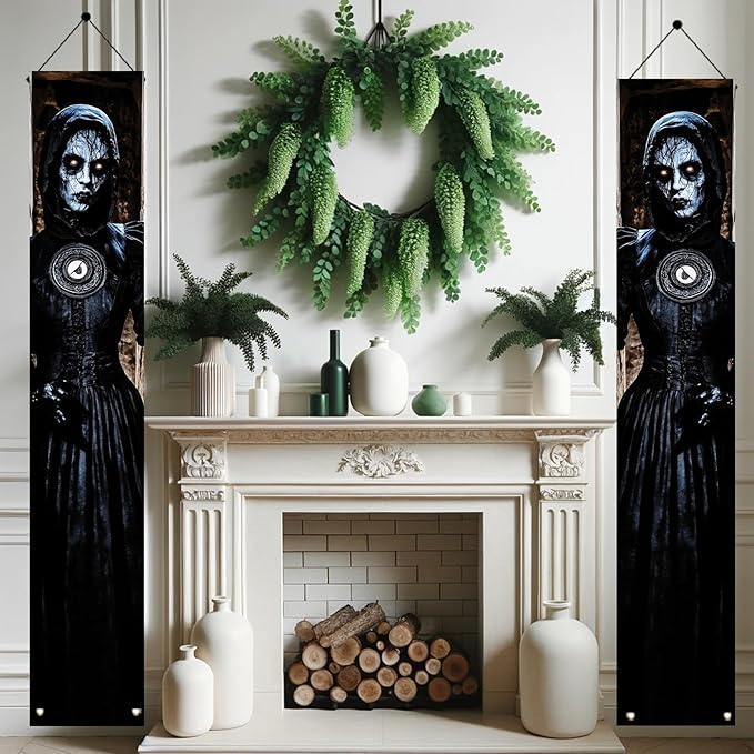 2PCS Halloween Porch Banner Gothic Ghost Lady Vertical Hanging Decorations for Front Door Haunted House Scary Door Sign Spooky Wall Decor Creepy Entrance Party Backdrop 71 x 12 Inch