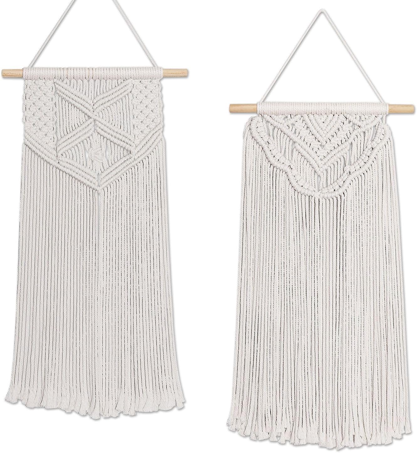 Flexzion 2 Pack Macrame Wall Decor Hanging Boho Hand Woven Tapestry Art Bunting Banner Bohemian Wall Decor for Home Bedroom Living Room Curtain Rustic Garland Baby Nursery, 30 Inch Cream White Cotton