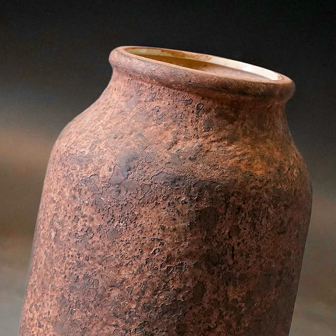 Rustic Terracotta Vase, Farmhouse Ceramic Vase, Decorative Clay Vintage Vases for Home Decor, Living Room,Table, Shelf Decor, 9 inch, Brown