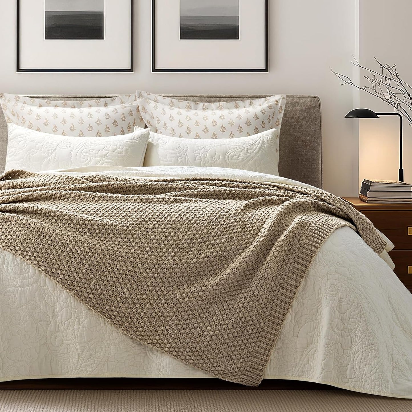 EVERGRACEHOME Chunky Chenille Knit Throw Blanket for Couch, Soft Luxurious Moss Stitch Blankets for Bed, Cozy Decorative Farmhouse Knitted Throws for Sofa, Sand Dune, 60" x 80"