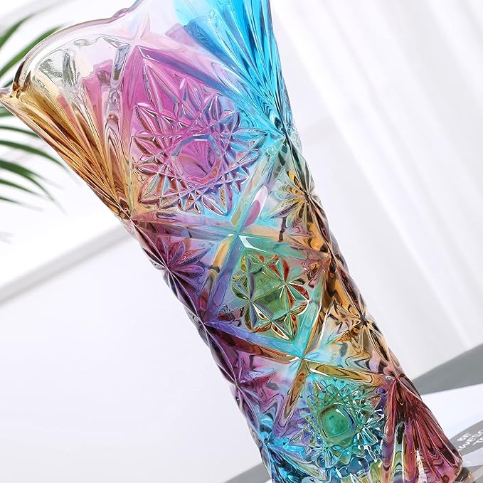 Glass Colorful Vase,Glass Flower Vase Decor for Home Dining Table Living Room,Office Wedding Holiday Party,Handmade Pattern(Sun Flower)