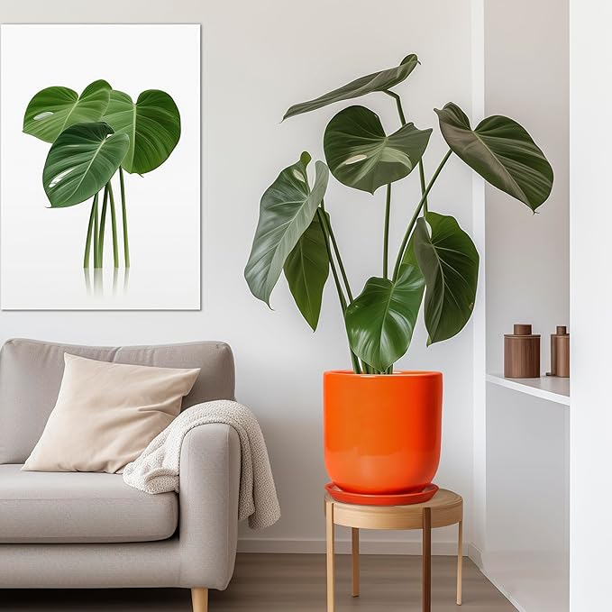 12 Inch Pots for Plants - Ceramic Planter with Drainage Hole and Saucer, Decorative Round Large Plant Pot for Indoor Outdoor Plants, Plant Lover Gifts, Home Office Garden Decor, Orange