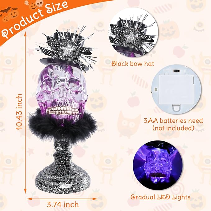 VCUTEKA Halloween Skull Head Light Indoor Decoration Skull Statue Halloween Sculptures with Magic Hat for Party Horror Decoration Holiday Decor Figurines Gift