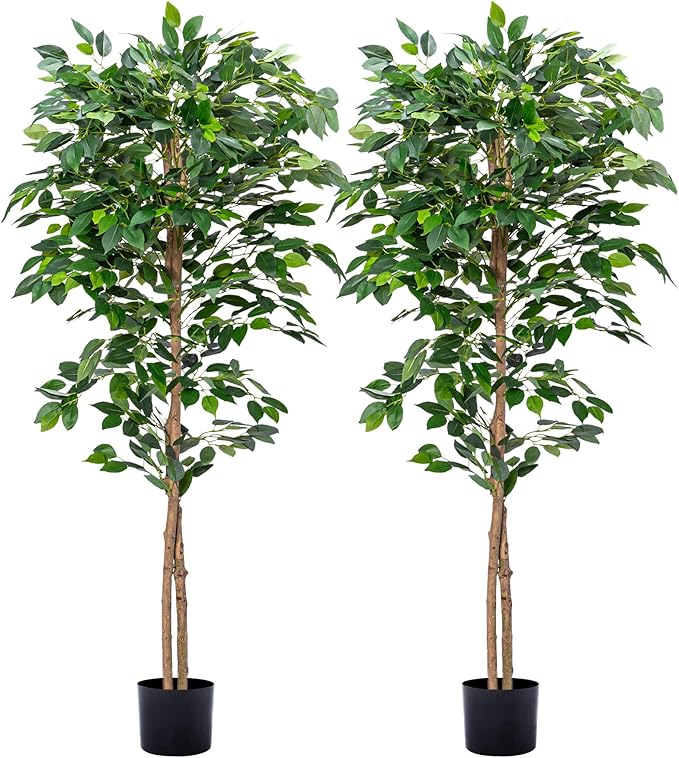 2Packs 5FT Artificial Ficus Trees with Realistic Leaves and Natural Trunk, Faux Ficus Tree with Sturdy Plastic Nursery Pot, Fake Ficus Tree for Office Home Farmhouse for Indoor Outdoor Decor