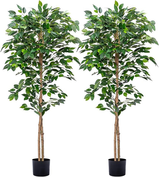 2Packs 5FT Artificial Ficus Trees with Realistic Leaves and Natural Trunk, Faux Ficus Tree with Sturdy Plastic Nursery Pot, Fake Ficus Tree for Office Home Farmhouse for Indoor Outdoor Decor