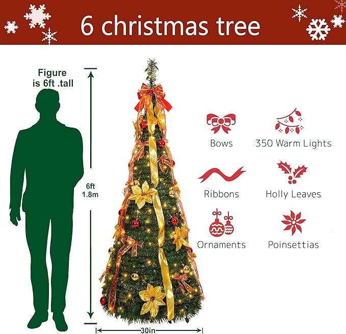 6 ft pre-lit Decorated Christmas Tree, 200 LED Warm Lights, pop-up Christmas Tree, Gold and red, PVC lit Christmas Tree