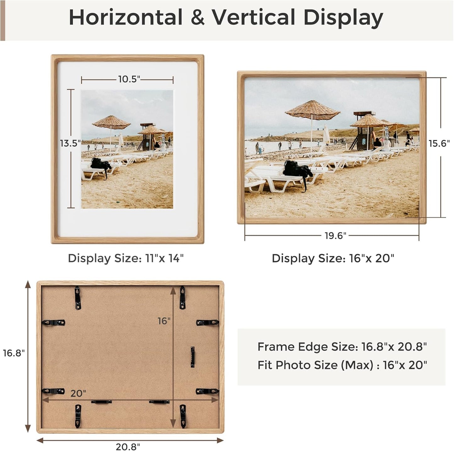 Heimlove 16x20 Picture Frames Natural Oak,Original Wood Hand Make Crafted Poster Frame with Mat to 11x14 Graduation Picture Display,Family Picture,Wedding Picture,Photo,Document Wall Mounted