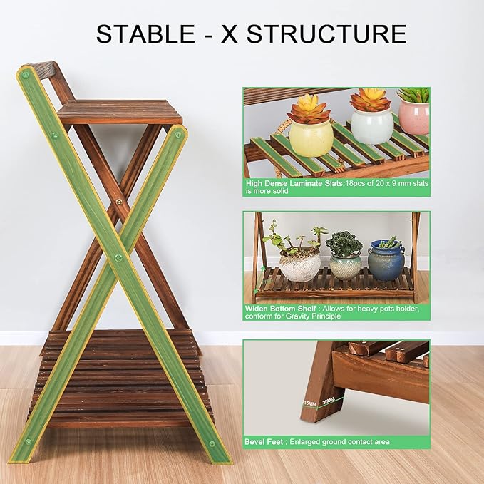 Indoor Plant Stand for Multiple Plants 2 Tier Wood Corner Plant Shelf Rack with Planter Hanger Outdoor Flower Pot Stand Holder for Yard Patio Garden Balcony Porch Living Room ( Rustic X-Cross)