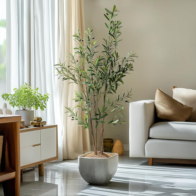 5FT Artificial Olive Tree Tall Faux Silk Plant Tall Faux Olive Tree with Natural Wood Trunk & Lifelike Fruits Fake Potted Tree or Home Office Decor