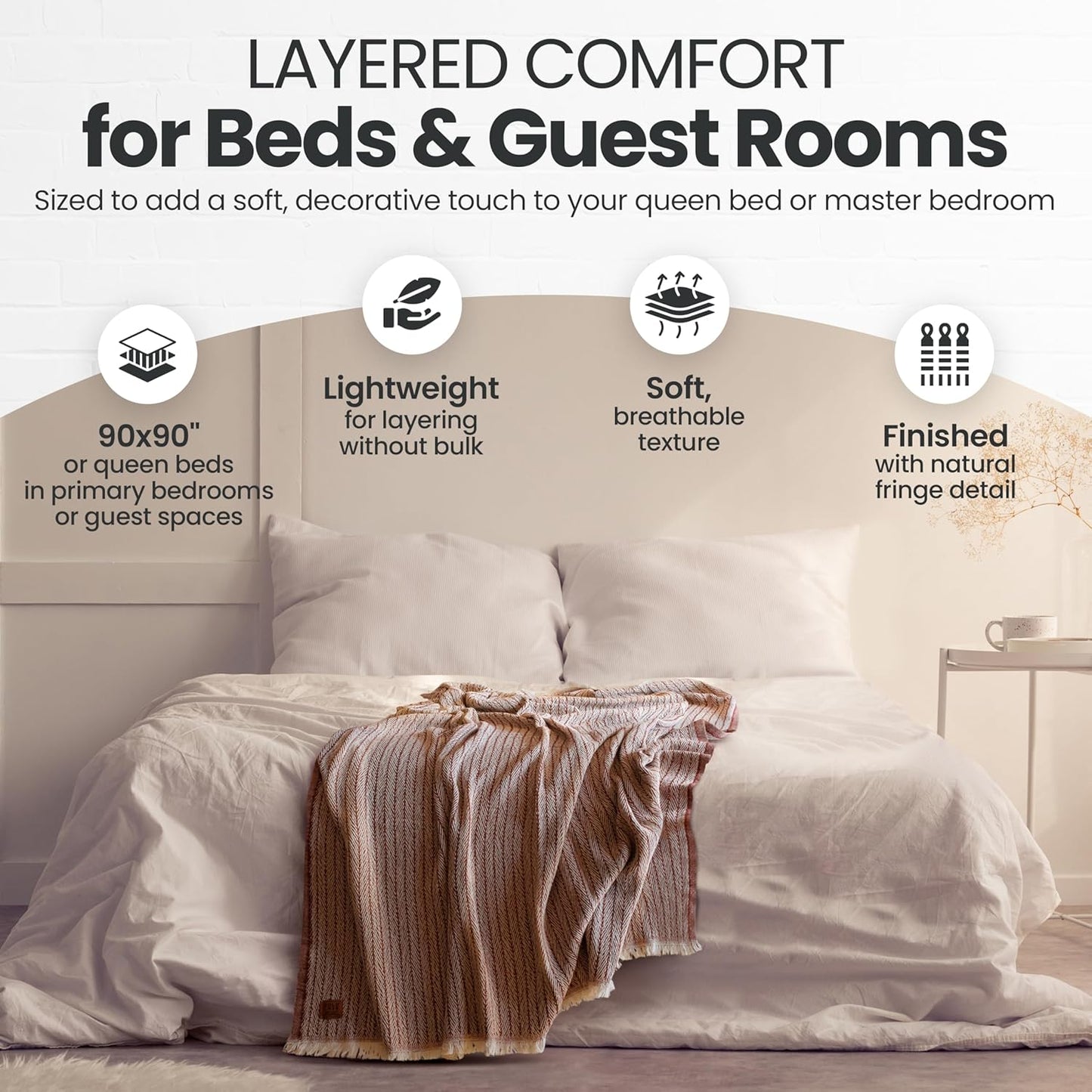 Gold Case Throw Blanket for Bed - 100% Recycled Turkish Cotton Blanket - Elegant Lightweight Soft Throw Blankets for Bed & Living Room - Queen Size Cozy Blankets - 90x90 - Beige