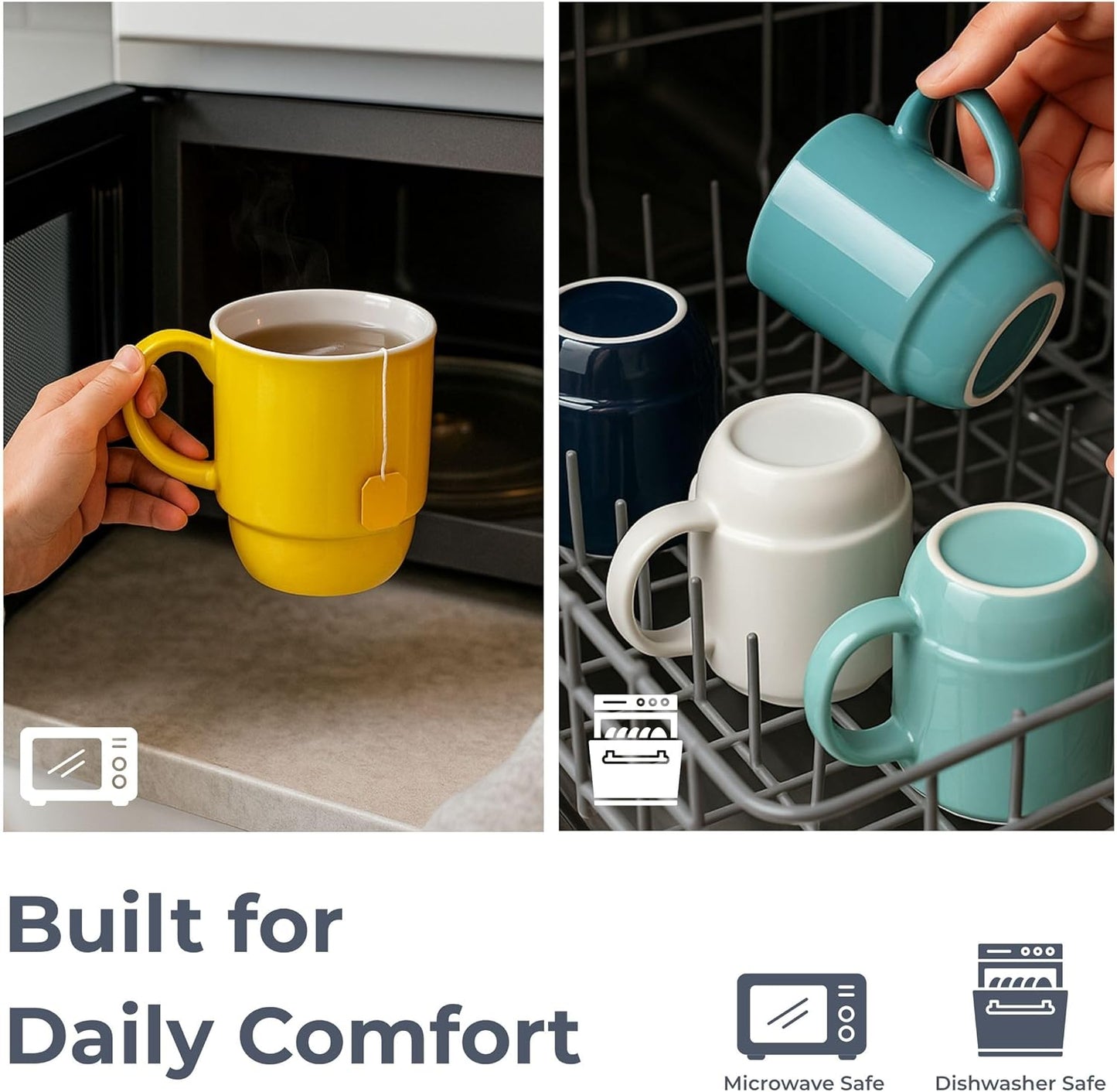 Coffee Mugs Set of 4 – 16 oz Porcelain Ceramic Mugs with Handle, Stackable Non-Toxic & Lead Free, Microwaveable Latte Cups for Kitchen, Tea & Cappuccino White