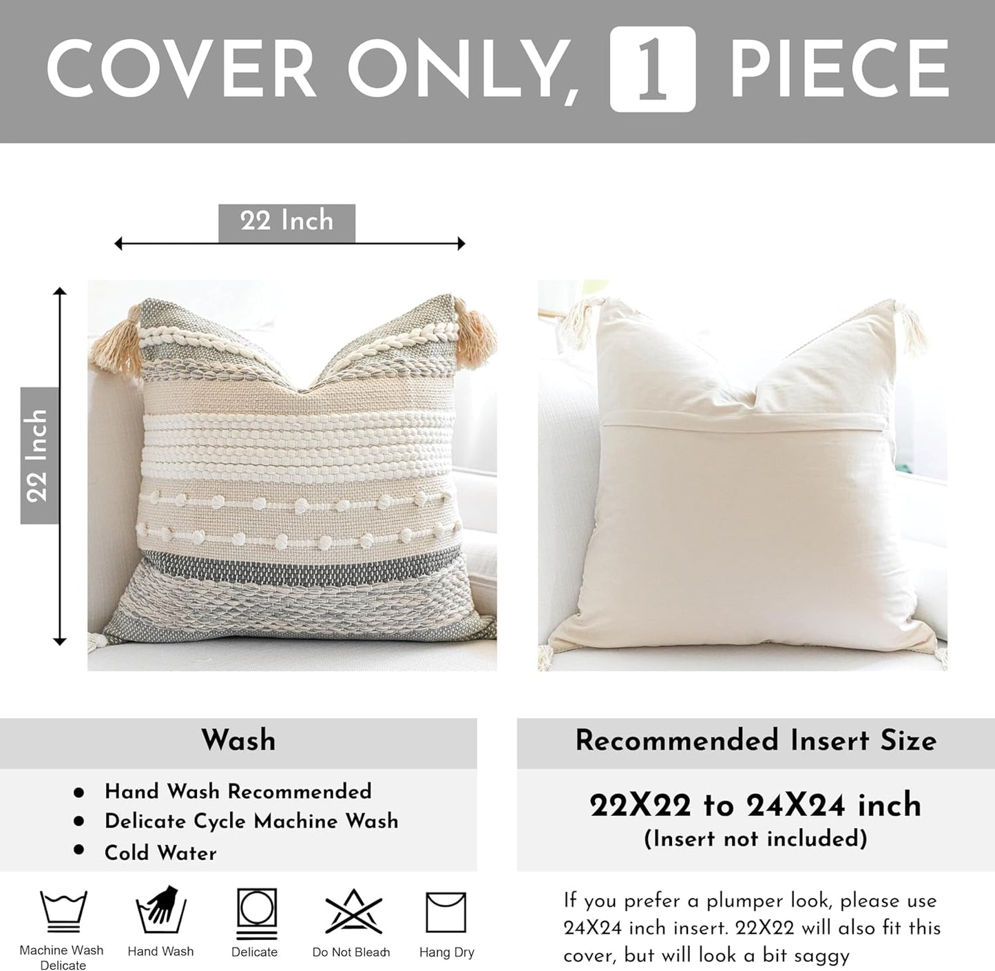 BlissBlush Gray Boho Throw Pillow Cover 22x22, Grey Decorative Accent Pillow for Couch, Square Woven Textured Pillowcase, Modern Farmhouse Pillow for Bed, Bohemian Pillow Cover (Pack of 1)