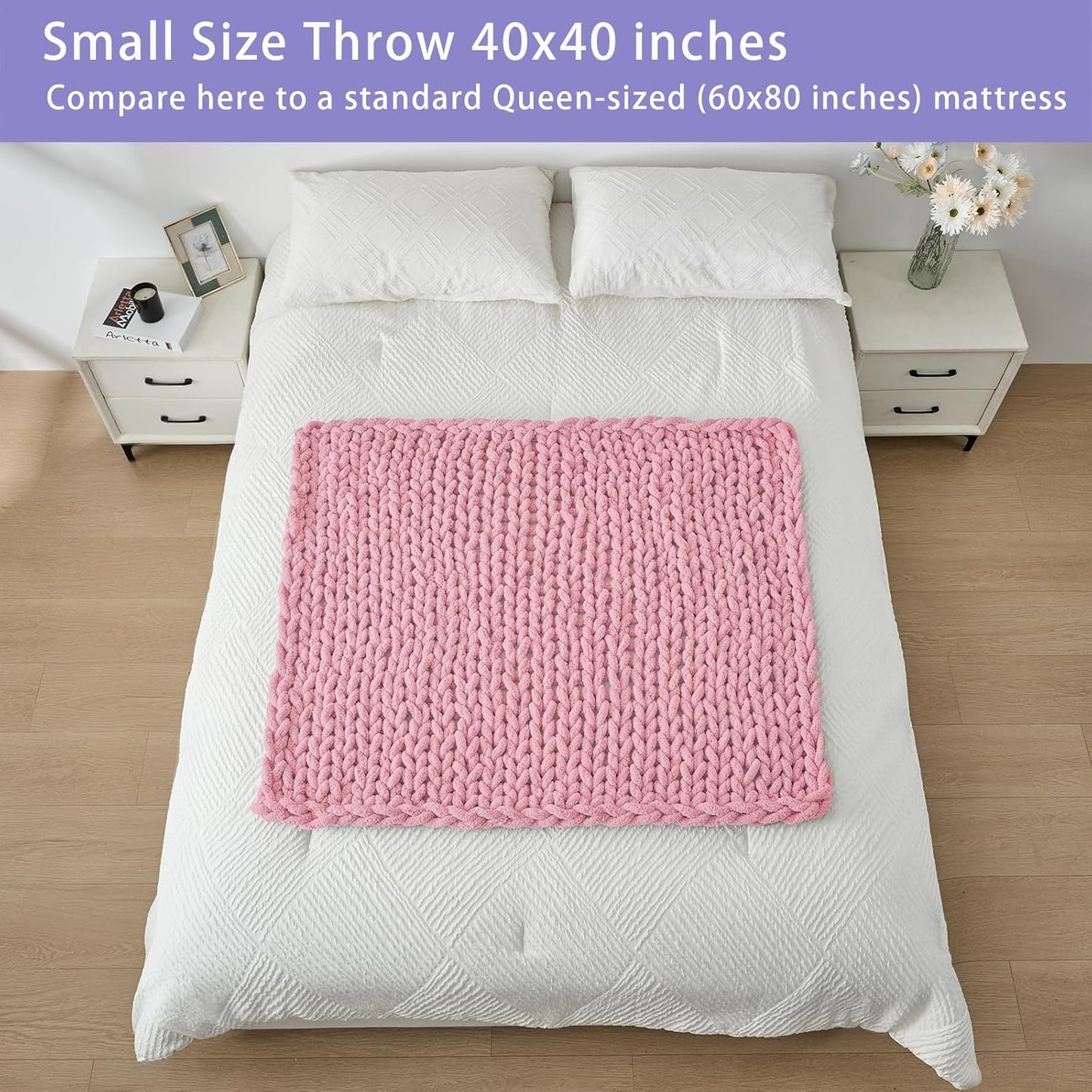 Bigacogo Chunky Knit Throw Blanket for Couch, 40x40 inches, 100% Hand Knitted with Thick Jumbo Chenille Yarn, Cozy Soft Large Rope Knot Cable Crochet Blankets for Sofa Bed Living Room, Blush Pink