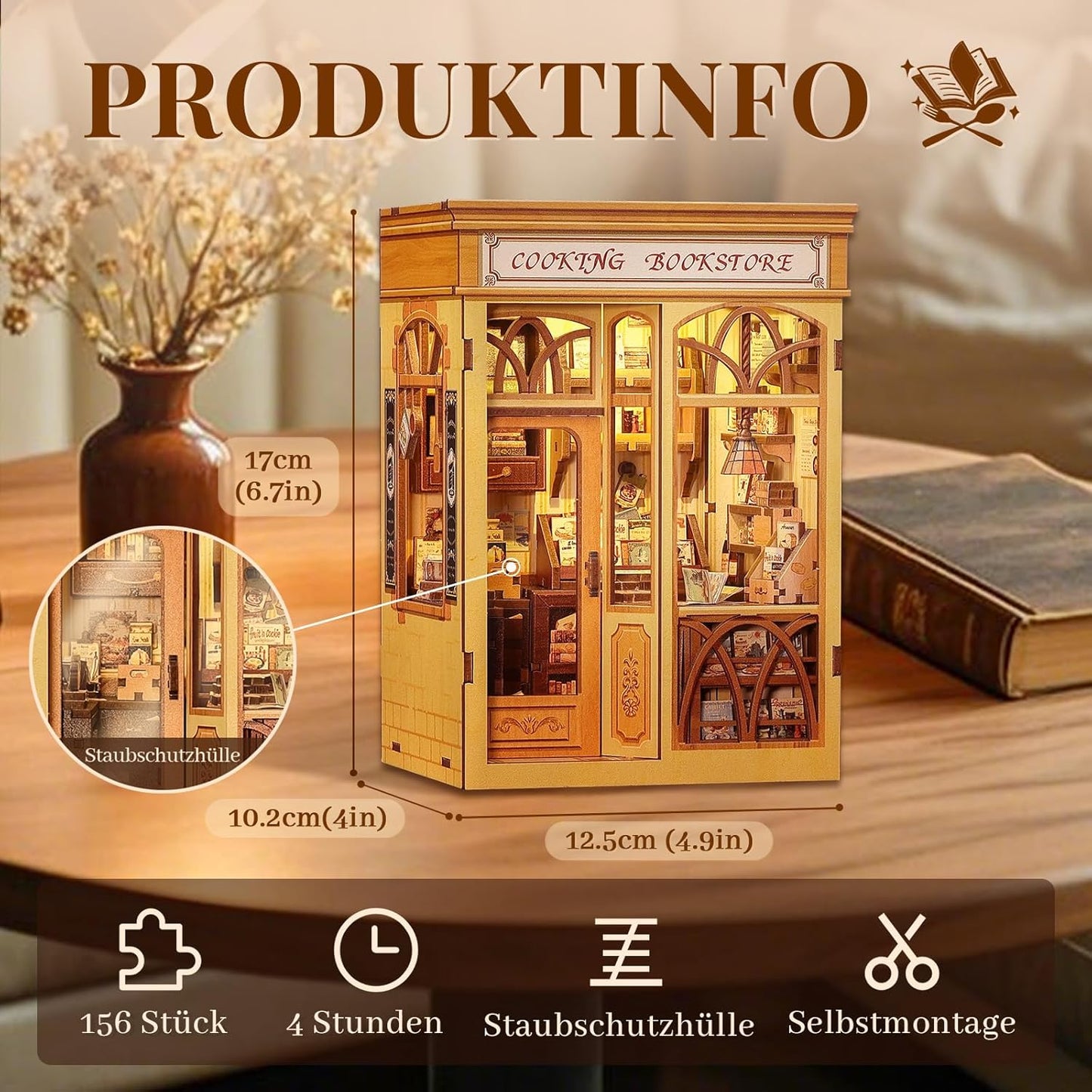 Cutefun Book Nook Kit - DIY Miniature Dollhouse Kit 3D Creative Decorative Bookend 3D Wooden Puzzle for Adults, Bookshelf Insert Library Decor with LED Light (Cooking Bookstore)