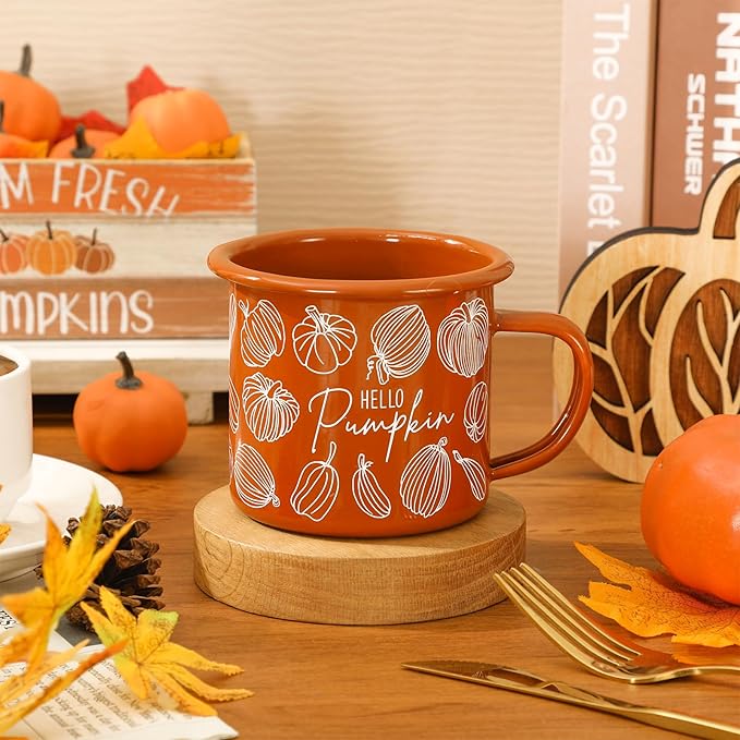 Whaline 2Pcs Fall Mini Coffee Mugs 12oz Hello Pumpkin Enamel Cup with Handle Orange Autumn Pumpkin Drinking Mug for Birthday Party Favor Supplies
