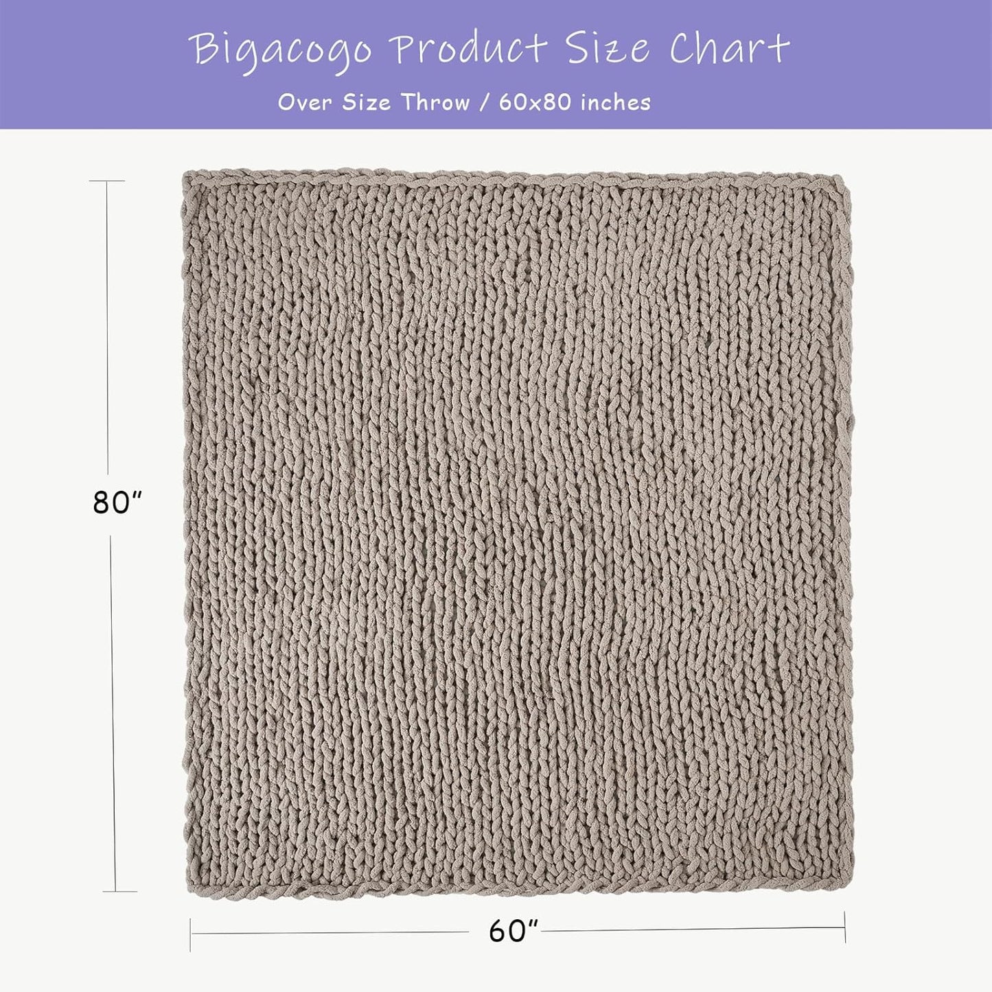 Bigacogo Chunky Knit Throw Blanket for Couch, 60x80 inches, 100% Hand Knitted with Thick Jumbo Chenille Yarn, Cozy Soft Large Rope Knot Cable Crochet Blankets for Sofa Bed Living Room, Taupe