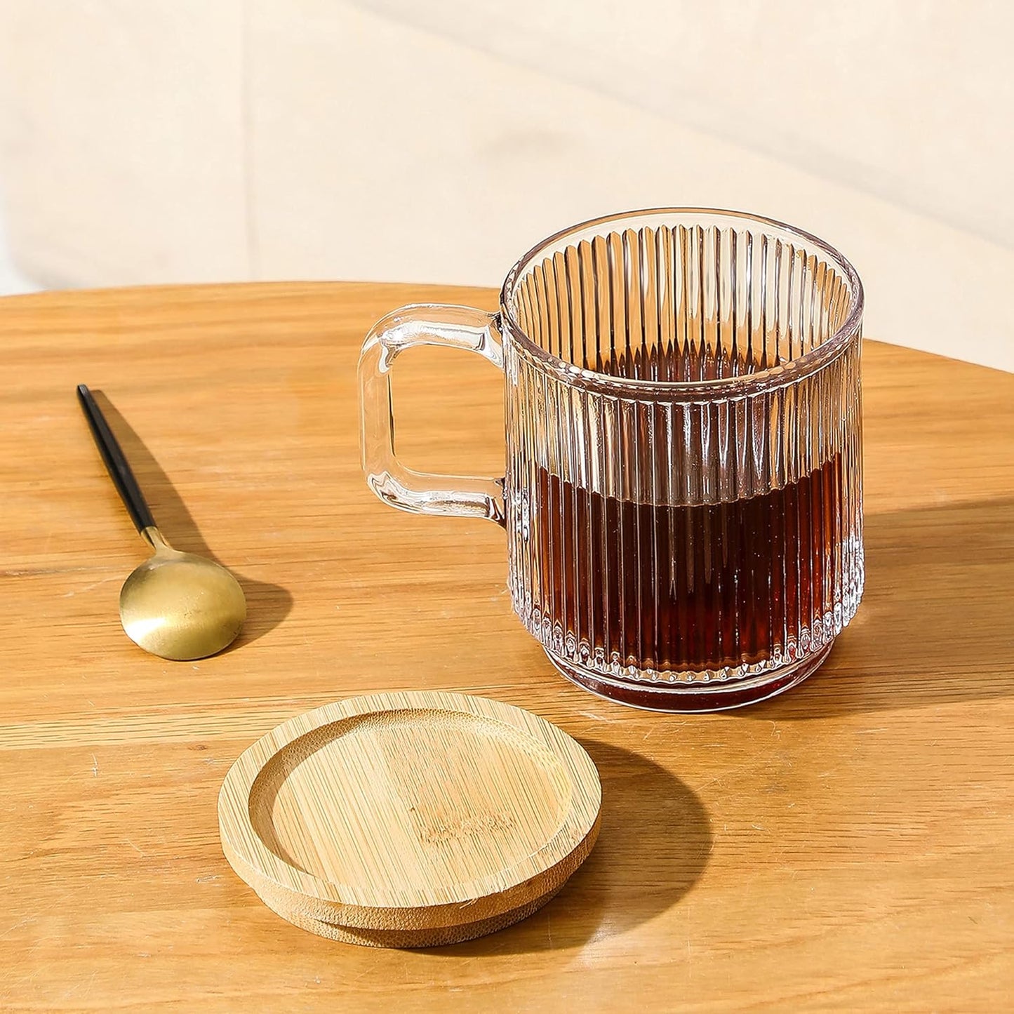 Lysenn Clear Glass Coffee Mug with Lid - Premium Classical Vertical Stripes Glass Tea Cup - for |Latte|Tea|Chocolate|Juice|Water| - Unleaded - Bamboo Lid - 12.5 Ounces