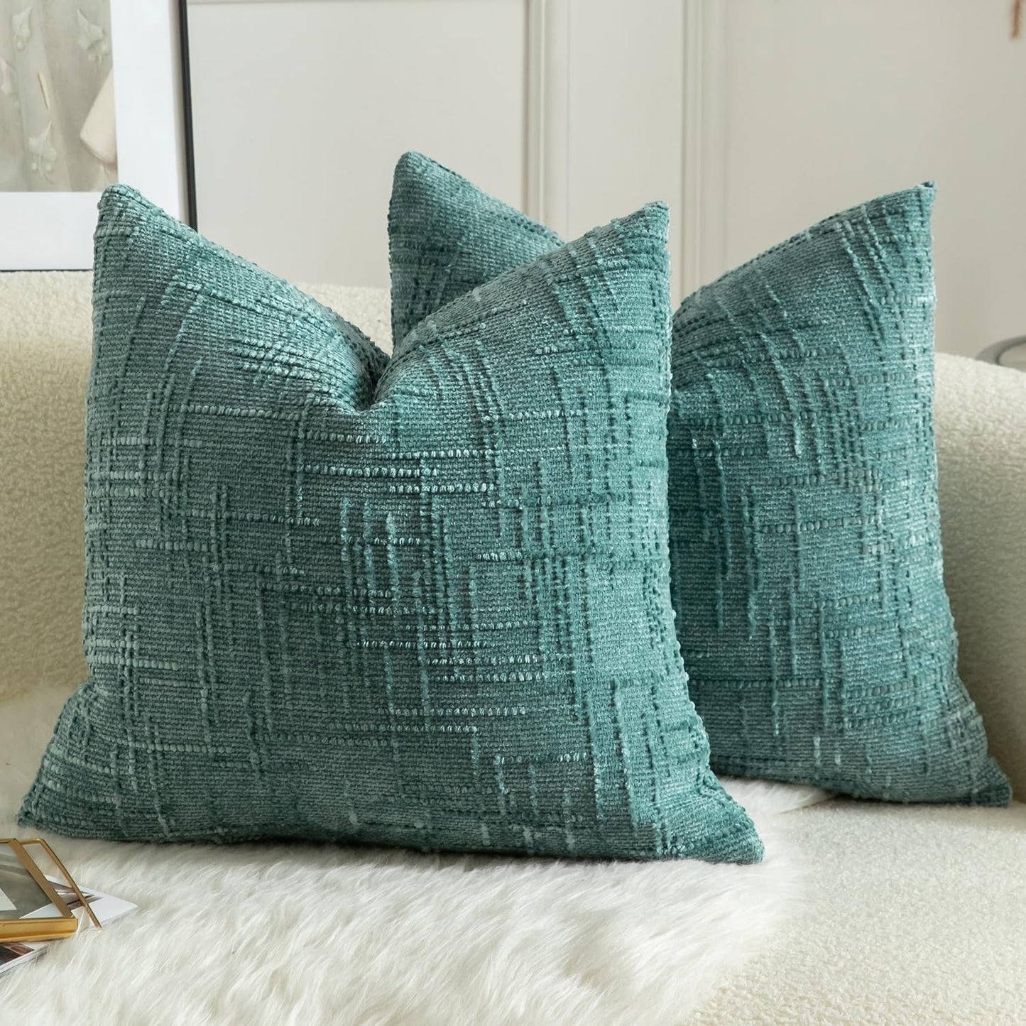 MANDIOO Pack of 2 Soft Chenille Textured Throw Pillow Covers Square Accent Solid Decorative Cushion Cover Cozy Farmhouse Pillow Case for Couch Sofa Bed Living Room 26x26 Inch Teal