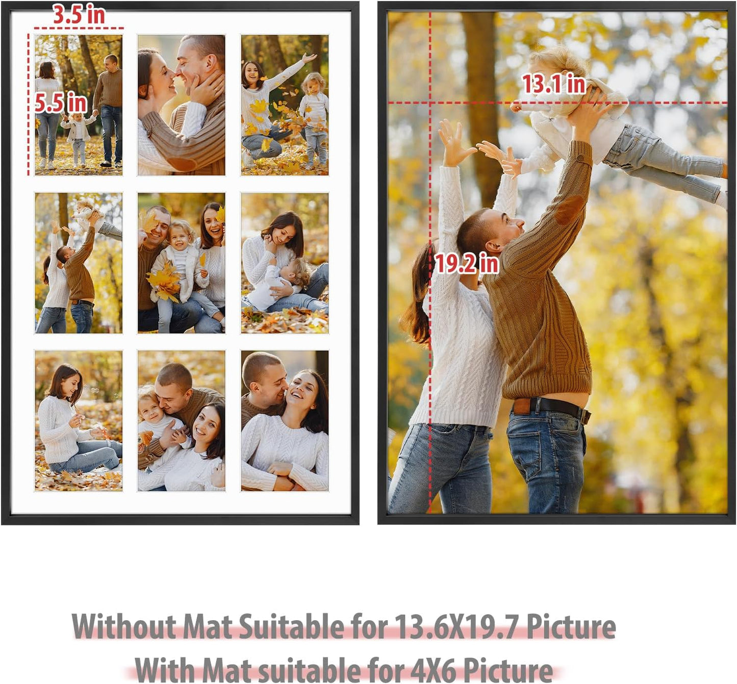 Frametory - 13.6x19.7 Aluminum Collage Picture Frame - Display 4x6 Pictures with 9 Openings Mat - Real Glass Front - Horizontal/Vertical Wall Mount - Black 1 Pack