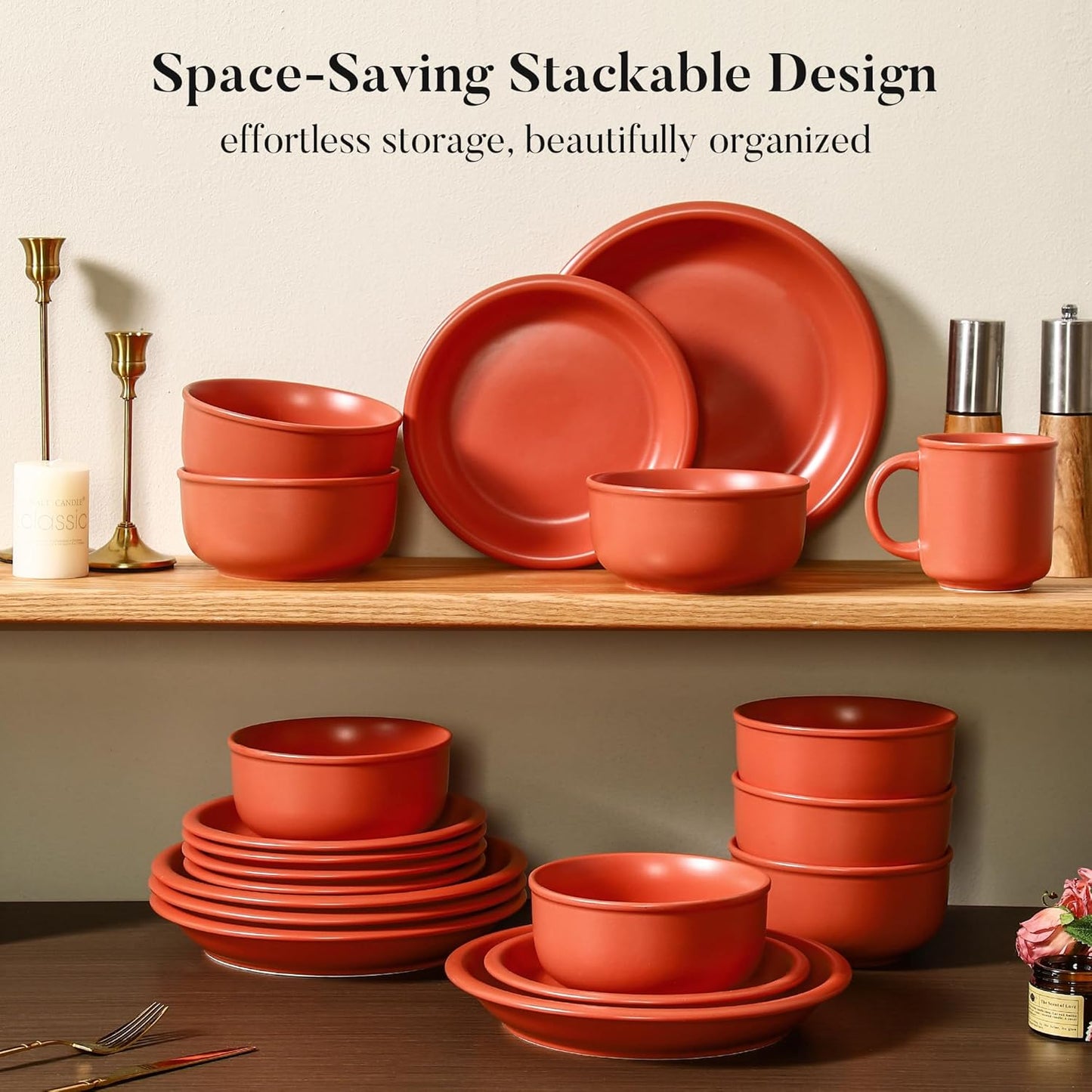 GZG Vintage Series - Ceramic Dinnerware Set for 8, 24 Pieces Stoneware Plates and Bowls Set, Lead-Free, Handcrafted Dishes Set, Microwave & Dishwasher Safe - Terracotta Red