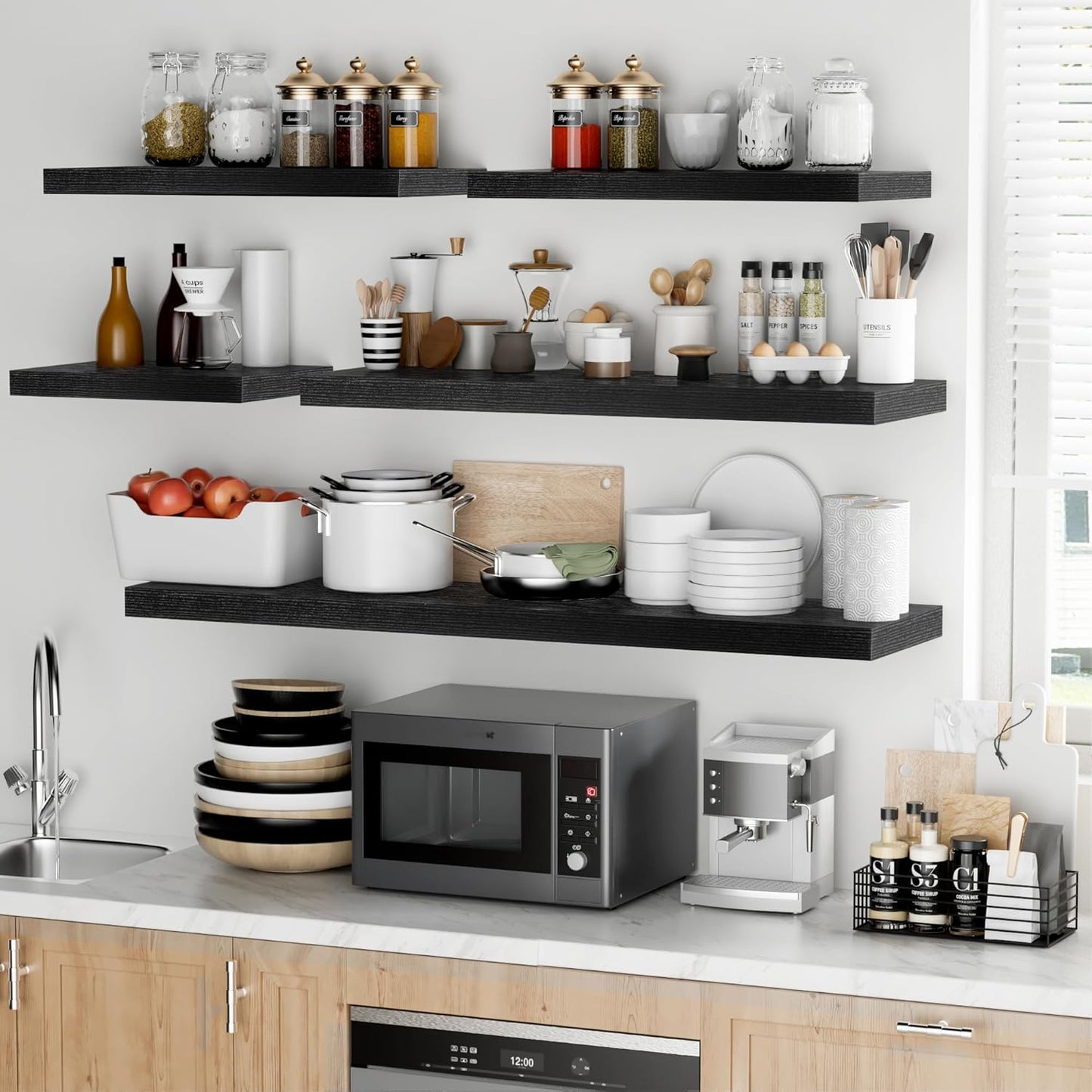 Fun Memories Floating Shelves - 2 Pack 12 Inch Rustic Wooden Wall Shelves - Extra Deeper & Thicker Wall Mounted Storage Shelf for Living Room, Kitchen, Farmhouse - 24" W x 12" D x 1.5"H - Rustic Black