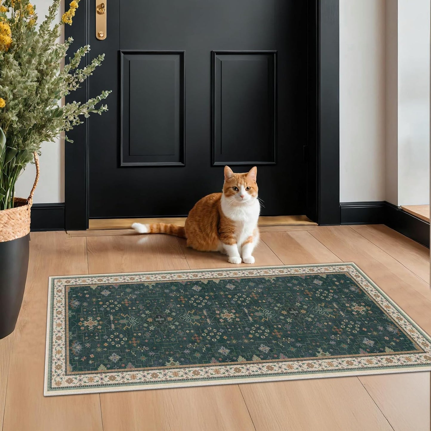 Dark Green Oushak 2x4 Entryway Rug - Modern Vintage Boho Eclectic Floral Pastel, Washable Low Pile Non-Slip Small Throw Area Rugs for Door Mat Indoor Entrance, Kitchen, Bathroom, Bedroom, Laundry