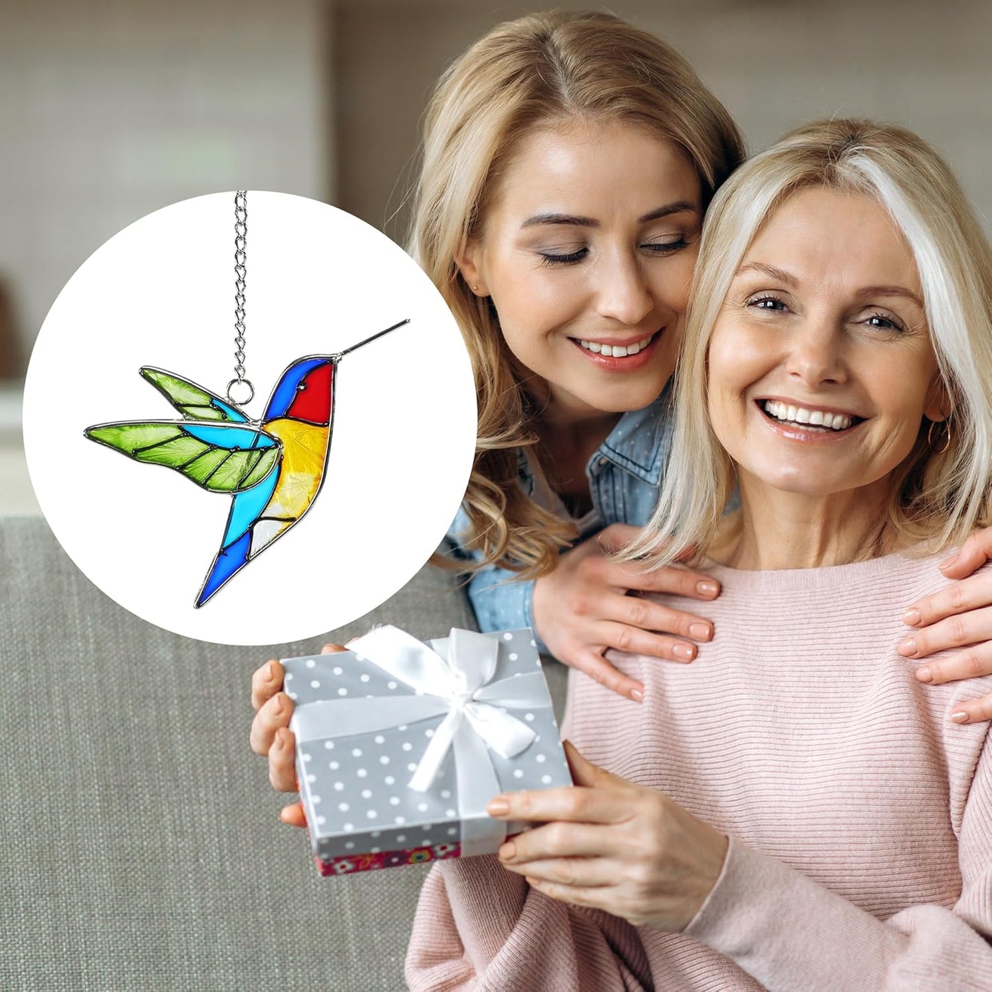 Handmade Stained Glass Hummingbird Hanging Ornament - Colorful 4.3x4.9 Inch Window/Garden Decor for Mom, Grandma, Mother's Day - Patio, Home, Wedding Decorations(Green Wing)