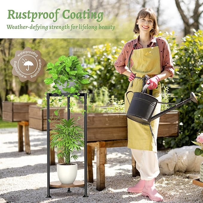 KMOTASUO 2 Tier Black Plant Stand Indoor for Large Tall Heavy Duty Planter, Multiple Sturdy Metal Flower Corner Rack for Narrow House Floor, Iron Vertical Level Round Orchi Holder Organizer, Modern