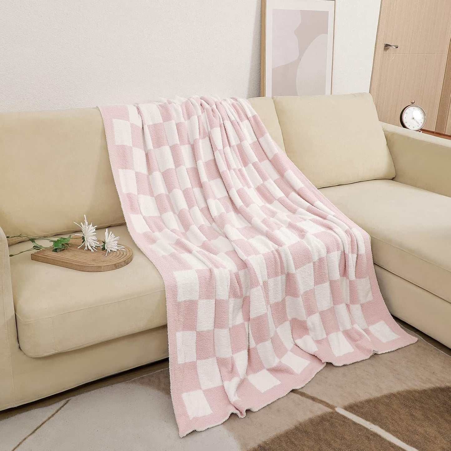 bearberry Fuzzy Checkerboard Grid Throw Blanket Soft Cozy Warm Microfiber Bed Blanket Decor for Couch Sofa Bed Travel Home (Pink, 60''x80'')