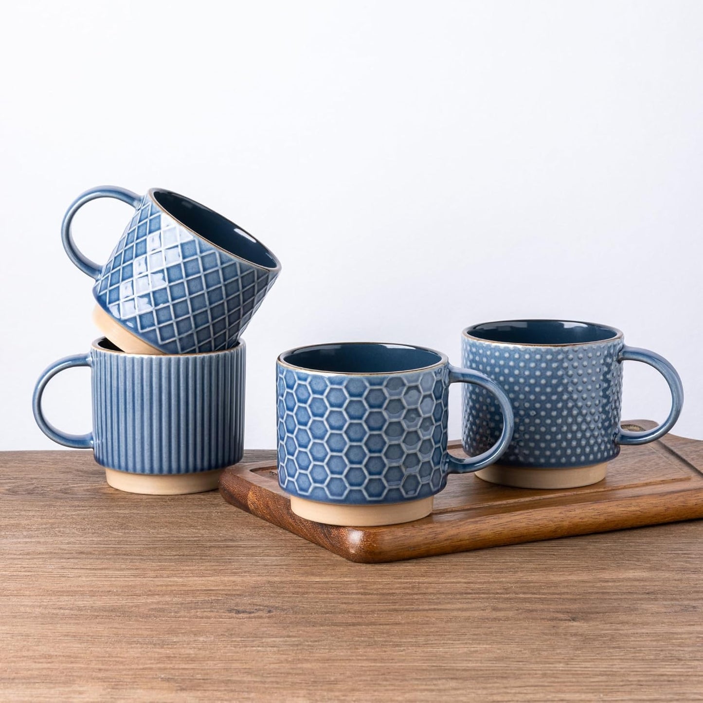 GBHOME 15OZ Stackable Coffee Mugs, Ceramic Coffee Cups with Texture Patterns for Man,Woman,Dad,Mom, Modern Mugs Set of 4 for Latte/Cappuccino/Cocoa. Dishwasher&Microwave Safe, Blue