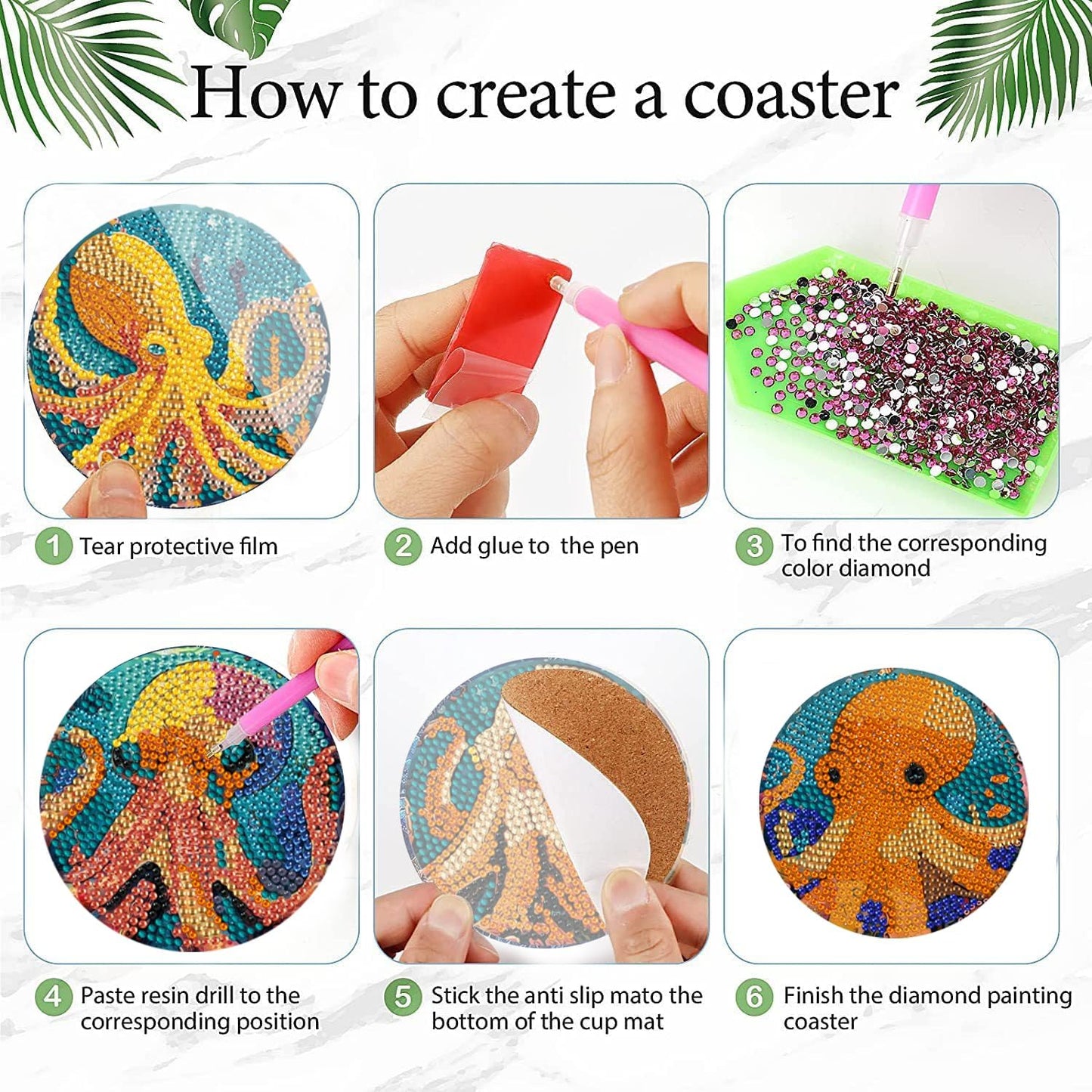 Leatrice 8 Pcs Octopus Diamond Art Coasters Small Diamond Painting Kits for Adults Beginners Women, Gem Art Coasters with Holder, Funny DIY Crafts for Home Decor