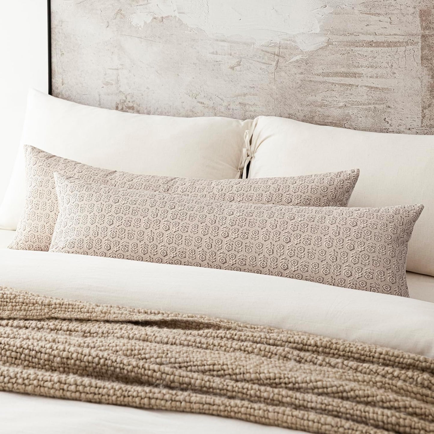 Foindtower Set of 2 Decorative Long Body Lumbar Throw Pillow Covers Vintage Accent Farmhouse Cushion Covers Neutral Home Decor for Sofa Couch Chair Bedroom Living Room,14×36 Inch,Ivory Beige