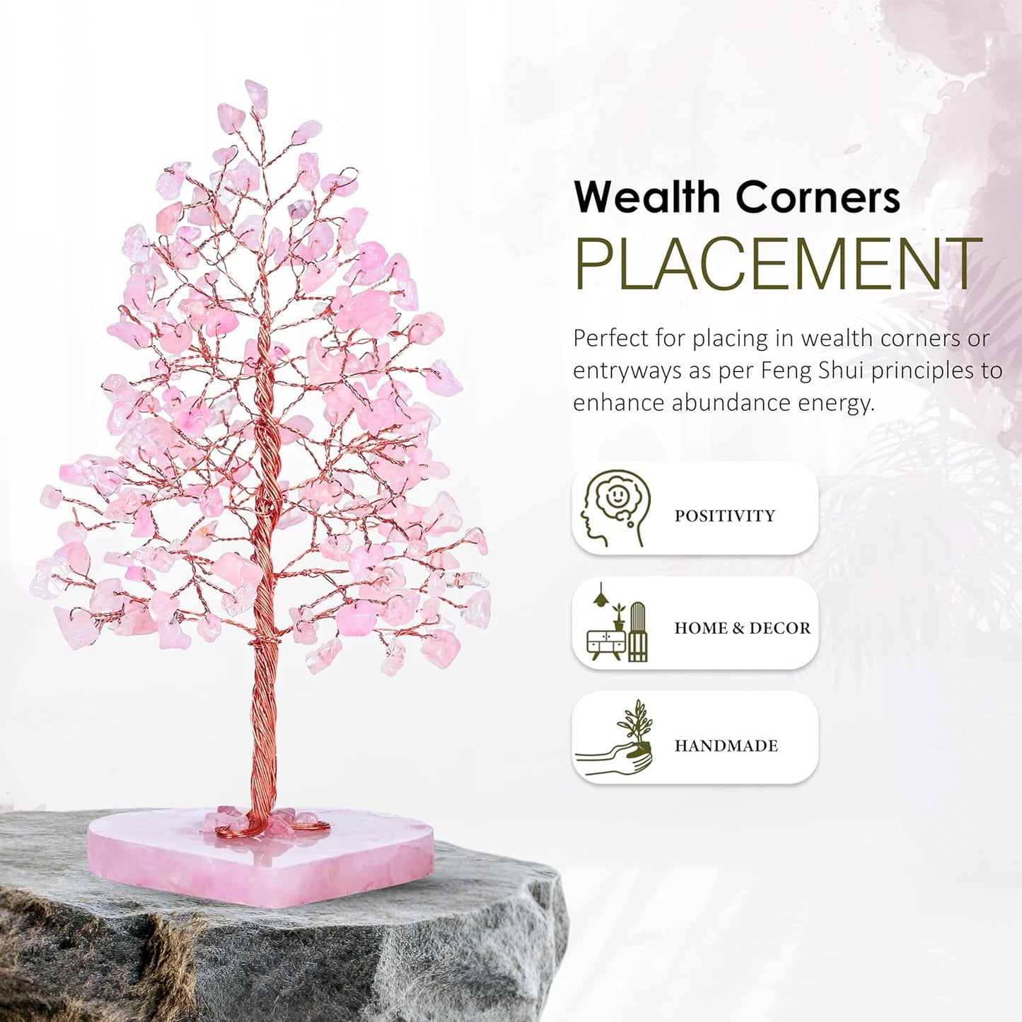Crocon Crystal Heart Base Tree of Life Gifts for Women, Rose Quartz Healing Crystals Tree Brings Positive Energy, Good Luck, Money, Feng Shui Home & Office Desk Decor, for Mom & Wife Present