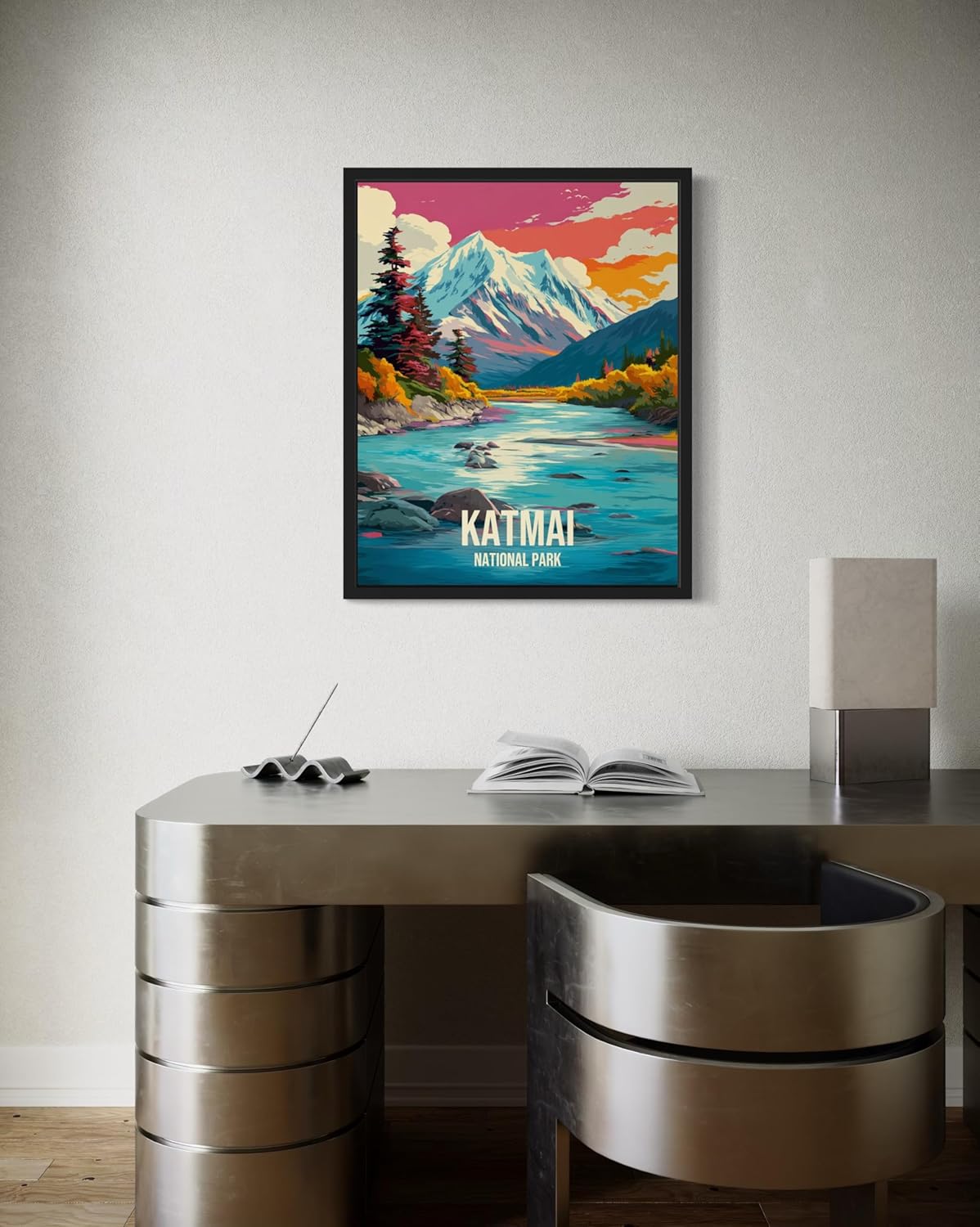 Katmai National Park Art Print Poster, Vintage Retro Pop Art Travel Wall Art Bedroom Bathroom Living Room Decor 185 (Katmai, 16 x 20 inches, Black Frame)