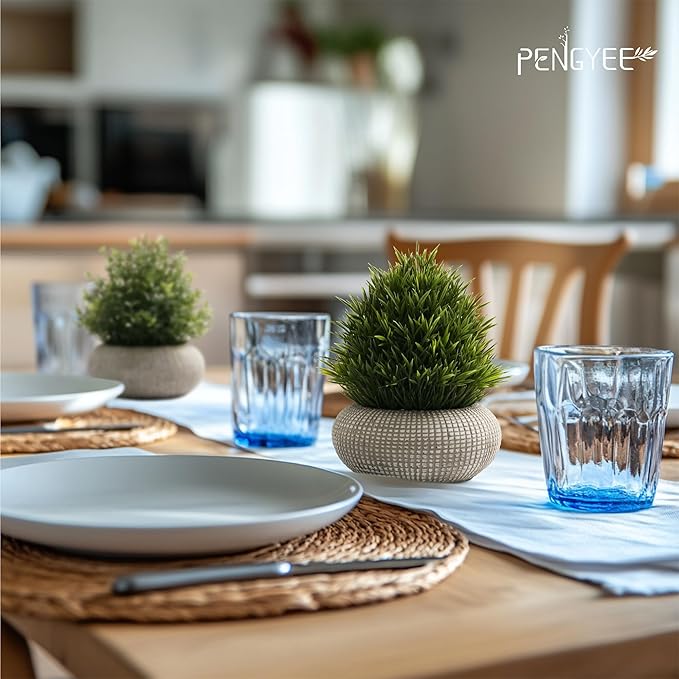 2Pack Small Fake Plants, 6.1/5.7 Inch Artificial Plants Indoor in Cement Planter, Small Faux Plants Indoor for Room Bathroom Bedroom Farmhouse Kitchen Office Home Decor - All Green - Boxwood