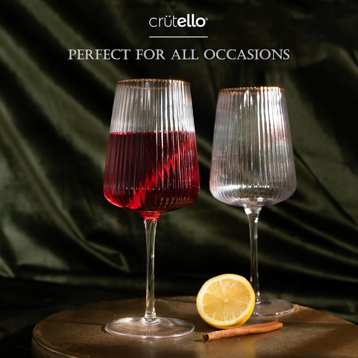 Crutello Modern Wine Glasses - 17 oz Unique Fluted Glassware with Vintage Ribbed Glassware Texture and Gold Rim, Art Deco Red or Fancy White Wine Glasses - Set of 4