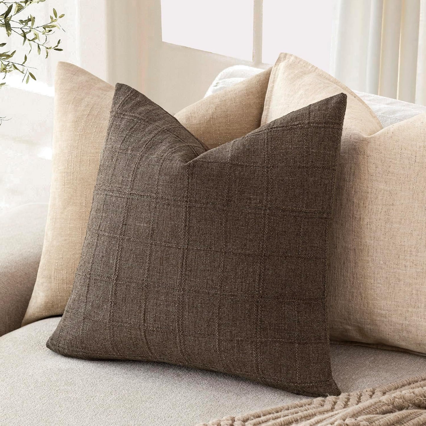 Foindtower Set of 2 Decorative Linen Check Throw Pillow Covers Neutral Farmhouse Vintage Cushion Covers Modern Boho Home Decor for Sofa Chair Couch Bedroom Living Room,18×18 Inch,Dark Brown