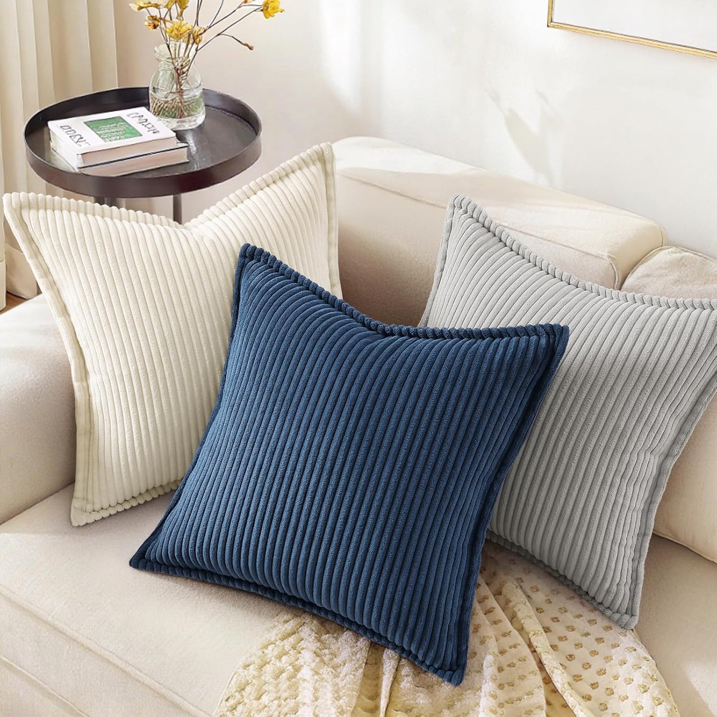 decorUhome Corduroy Grey Throw Pillow Covers 22x22 Set of 2 Decorative Soft Boho Farmhouse Euro Couch Pillow Covers for Living Room Bed Sofa Broadside Striped Pillow Cases