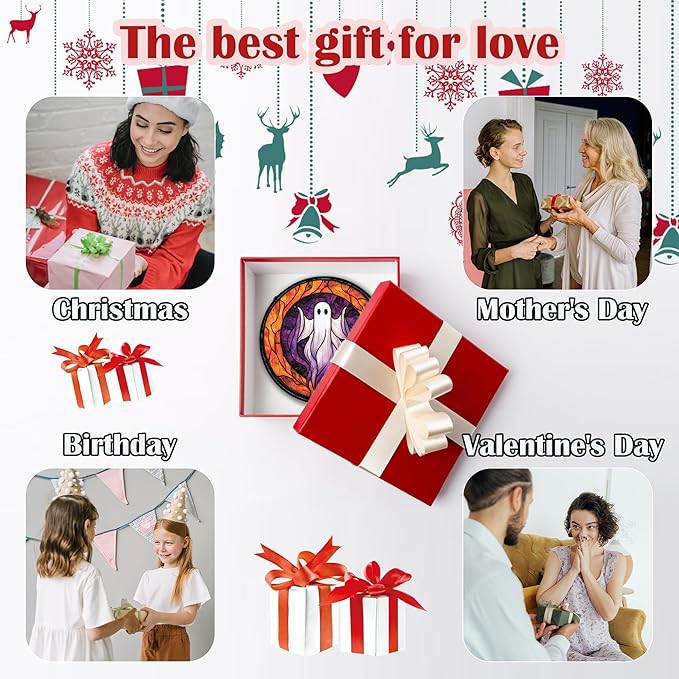 Stained Glass Window Hanging - Halloween Decorations White Purple Ghost Suncatcher for Doors Garden Indoor Spooky Funny Sun Catchers Gothic Decor Horror Gifts for Women Men Friend 6.3 in